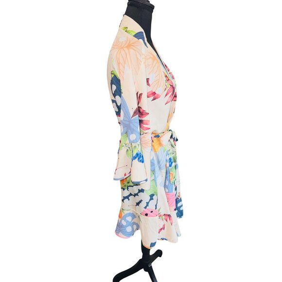 Floral Kimono Robe S/M Lightweight Polyester Multicolor Relaxed Coquette Sexy - Picture 4 of 8